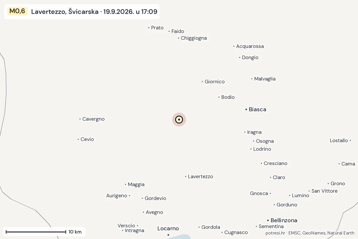 Karta: okolica epicentra, 60 km, potres M0,6, Lavertezzo, Švicarska, 19.9.2026.