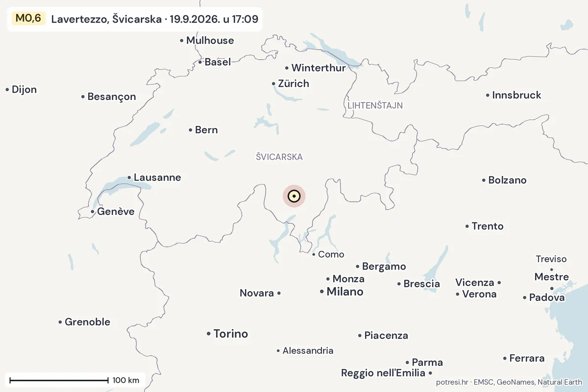 Karta: šire područje, 600 km, potres M0,6, Lavertezzo, Švicarska, 19.9.2026.
