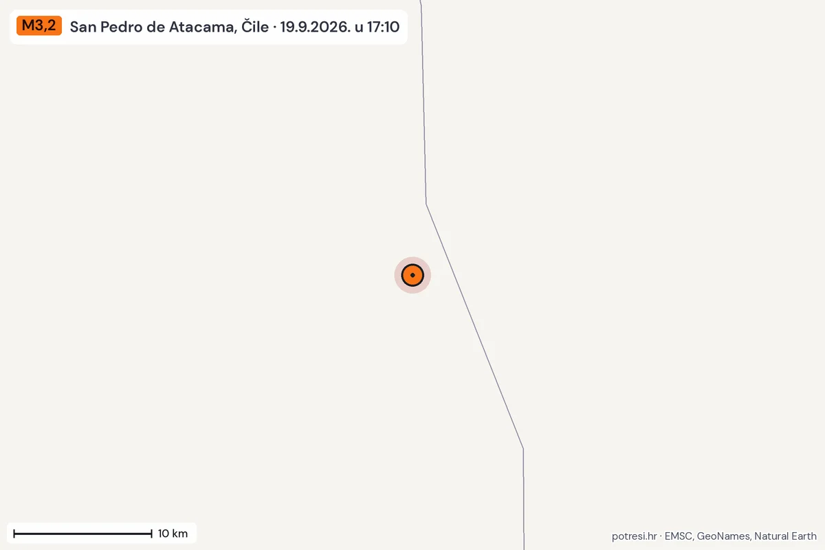 Karta: okolica epicentra, 60 km, potres M3,2, San Pedro de Atacama, Čile, 19.9.2026.