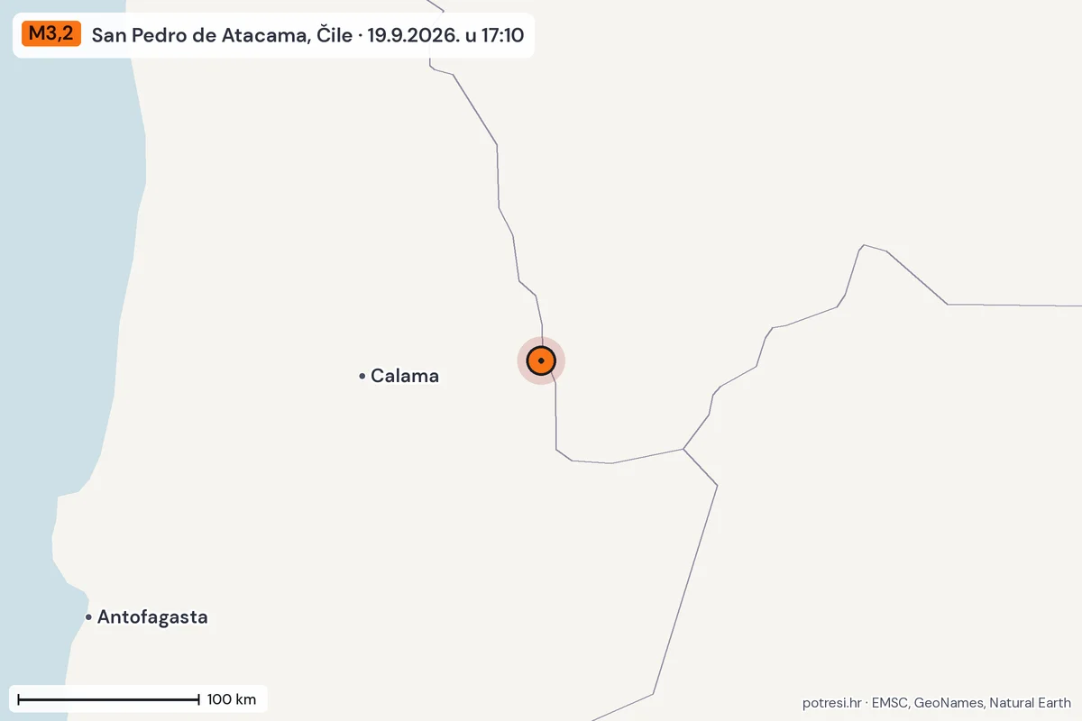 Karta: šire područje, 600 km, potres M3,2, San Pedro de Atacama, Čile, 19.9.2026.