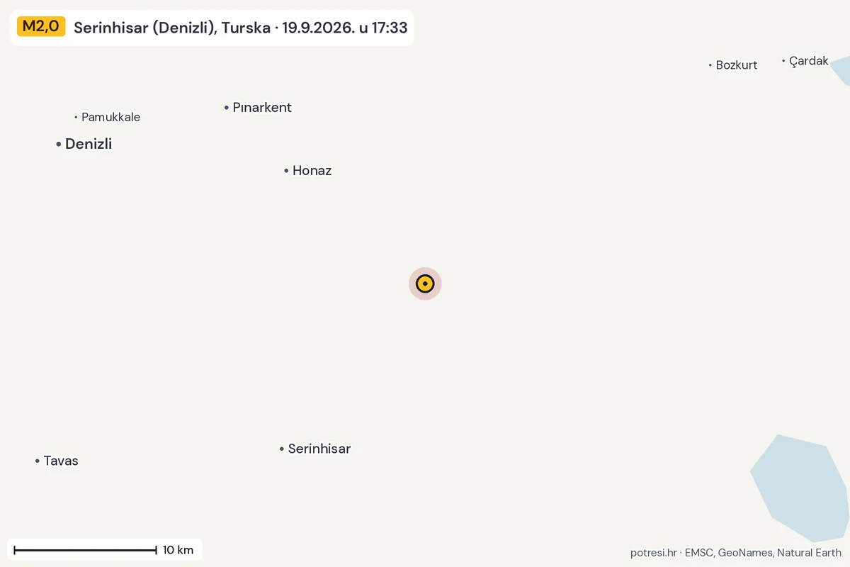 Karta: okolica epicentra, 60 km, potres M2,0, Serinhisar (Denizli), Turska, 19.9.2026.