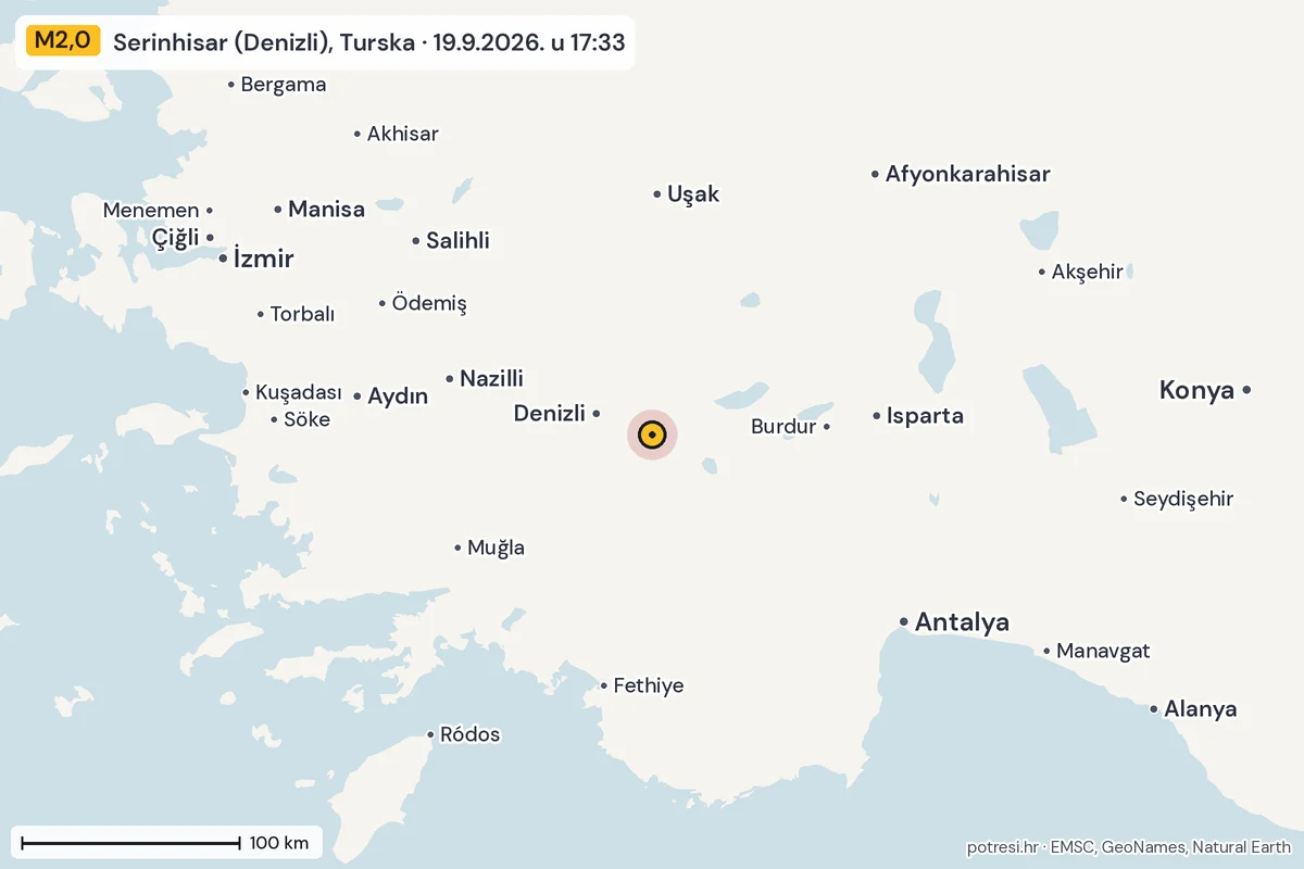 Karta: šire područje, 600 km, potres M2,0, Serinhisar (Denizli), Turska, 19.9.2026.