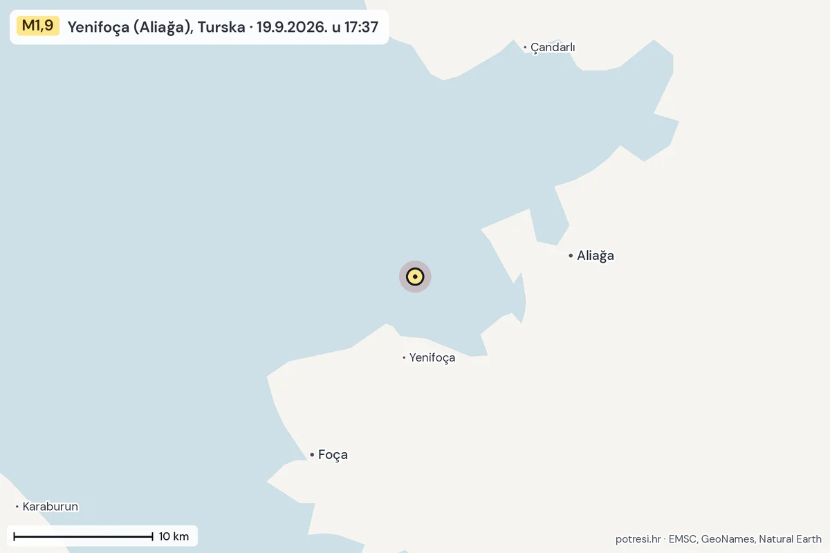 Karta: okolica epicentra, 60 km, potres M1,9, Yenifoça (Aliağa), Turska, 19.9.2026.
