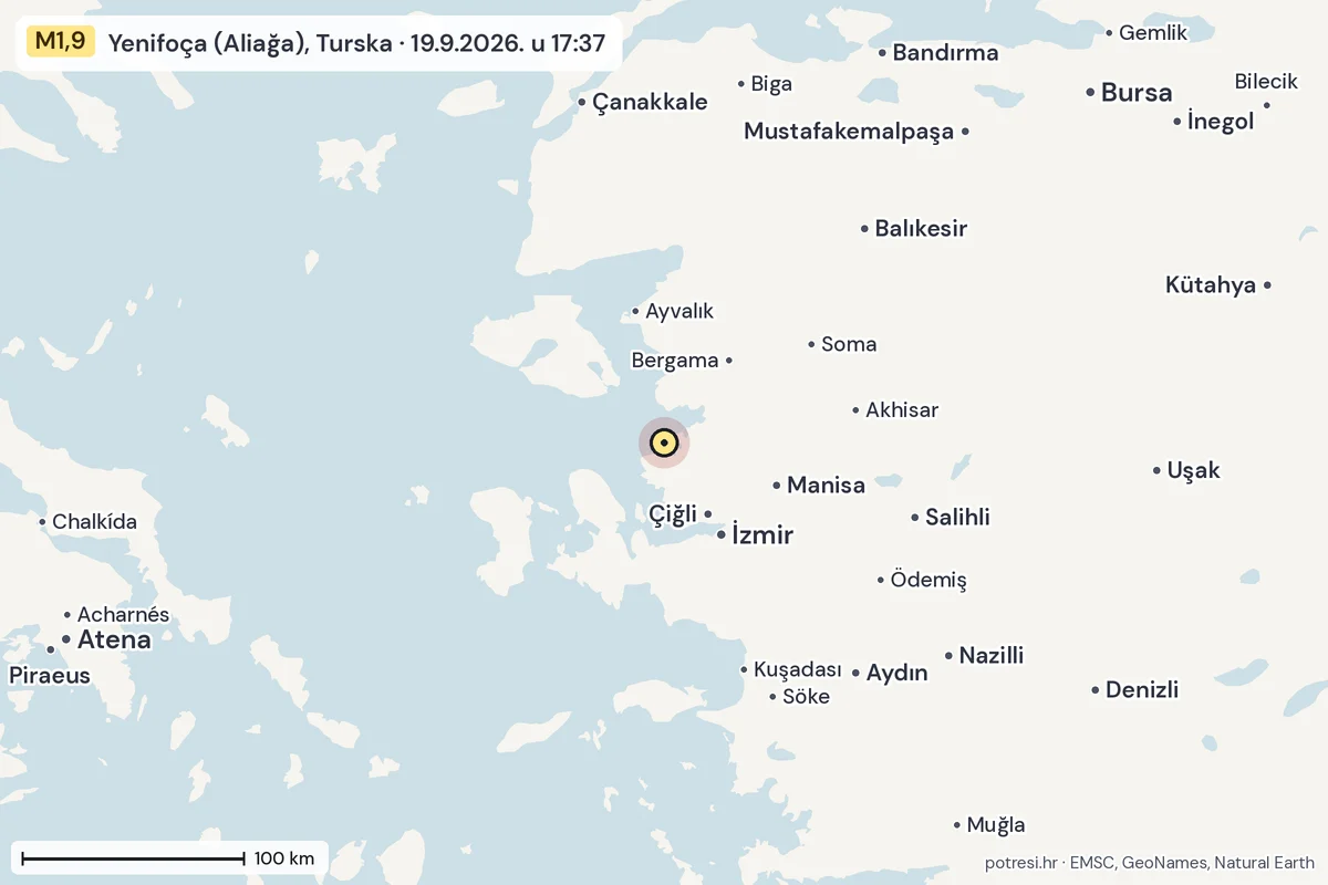 Karta: šire područje, 600 km, potres M1,9, Yenifoça (Aliağa), Turska, 19.9.2026.