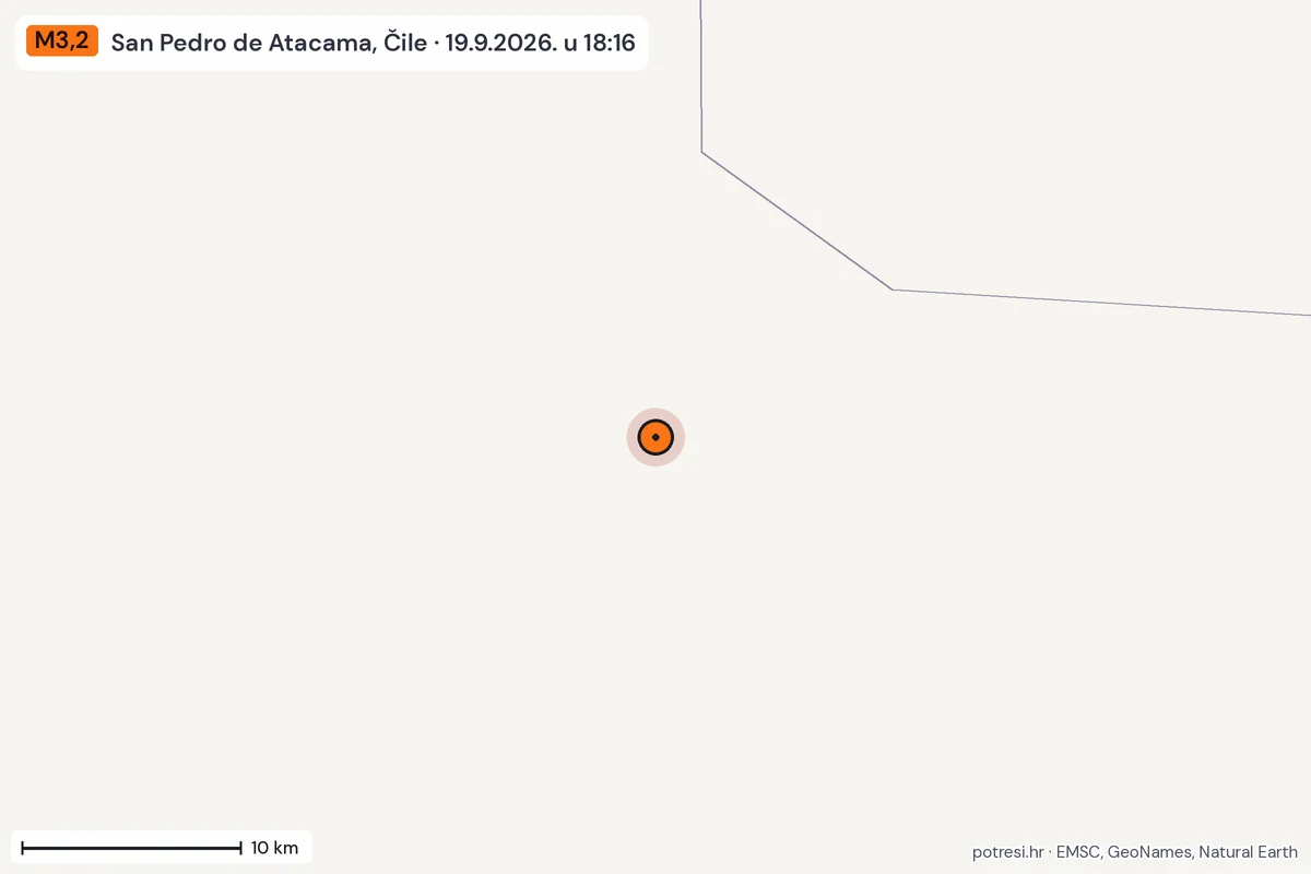 Karta: okolica epicentra, 60 km, potres M3,2, San Pedro de Atacama, Čile, 19.9.2026.