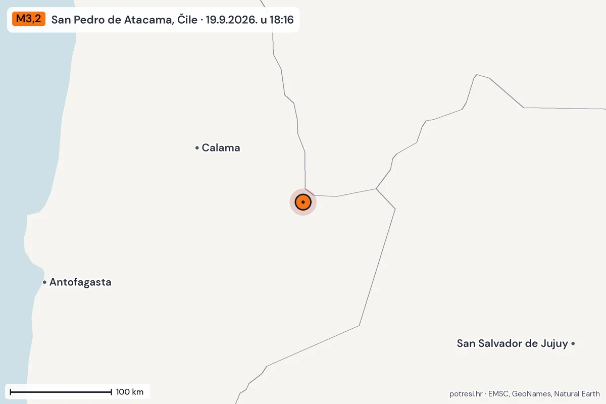 Karta: šire područje, 600 km, potres M3,2, San Pedro de Atacama, Čile, 19.9.2026.