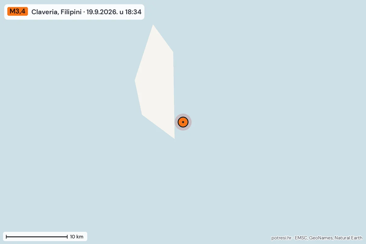 Karta: okolica epicentra, 60 km, potres M3,4, Claveria, Filipini, 19.9.2026.