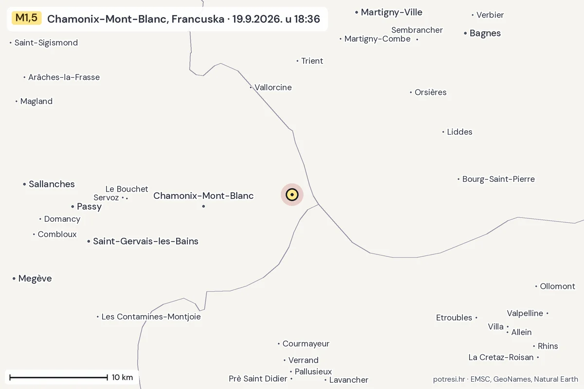 Karta: okolica epicentra, 60 km, potres M1,5, Chamonix-Mont-Blanc, Francuska, 19.9.2026.