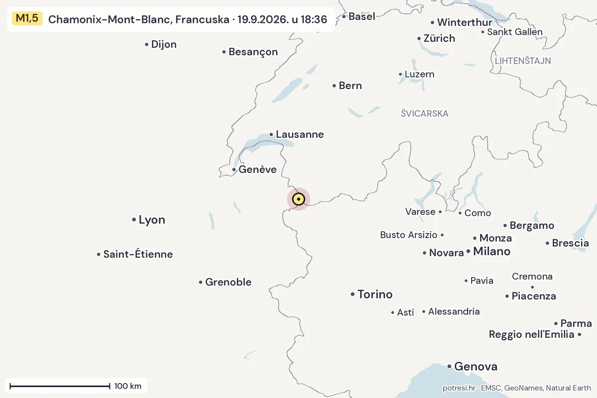Karta: šire područje, 600 km, potres M1,5, Chamonix-Mont-Blanc, Francuska, 19.9.2026.