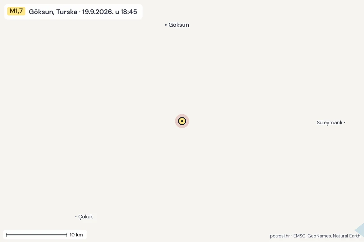 Karta: okolica epicentra, 60 km, potres M1,7, Göksun, Turska, 19.9.2026.