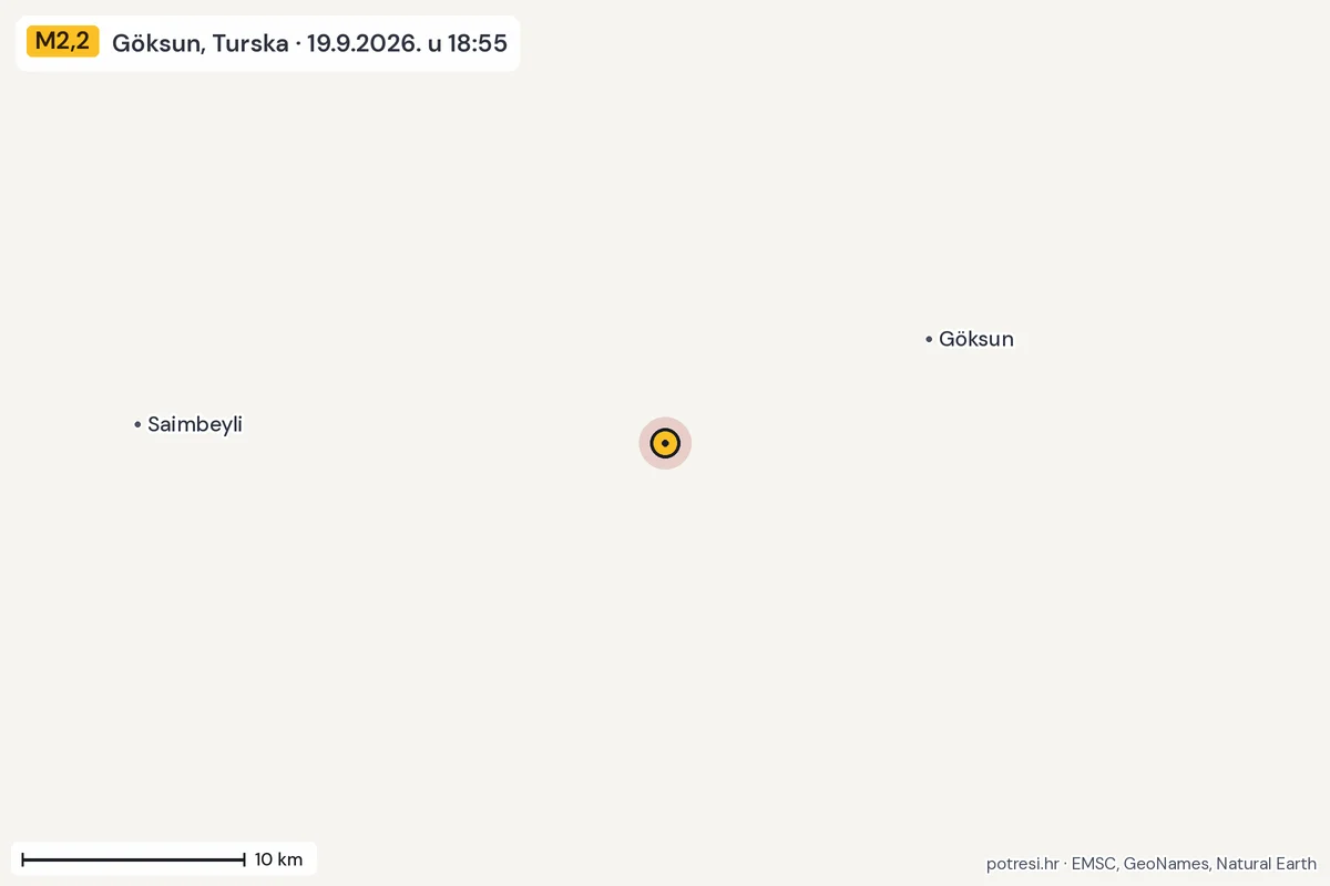 Karta: okolica epicentra, 60 km, potres M2,2, Göksun, Turska, 19.9.2026.