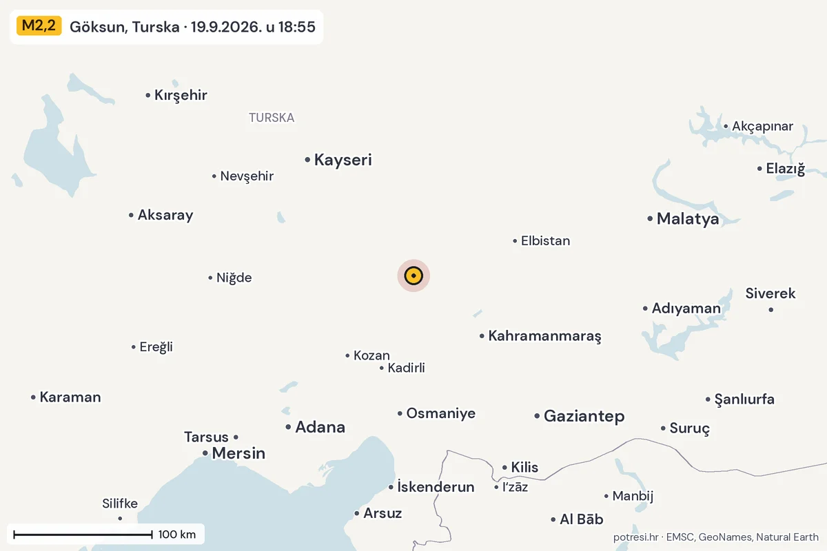Karta: šire područje, 600 km, potres M2,2, Göksun, Turska, 19.9.2026.