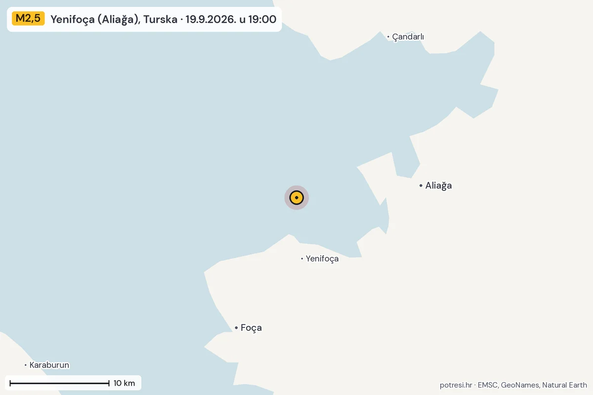 Karta: okolica epicentra, 60 km, potres M2,5, Yenifoça (Aliağa), Turska, 19.9.2026.