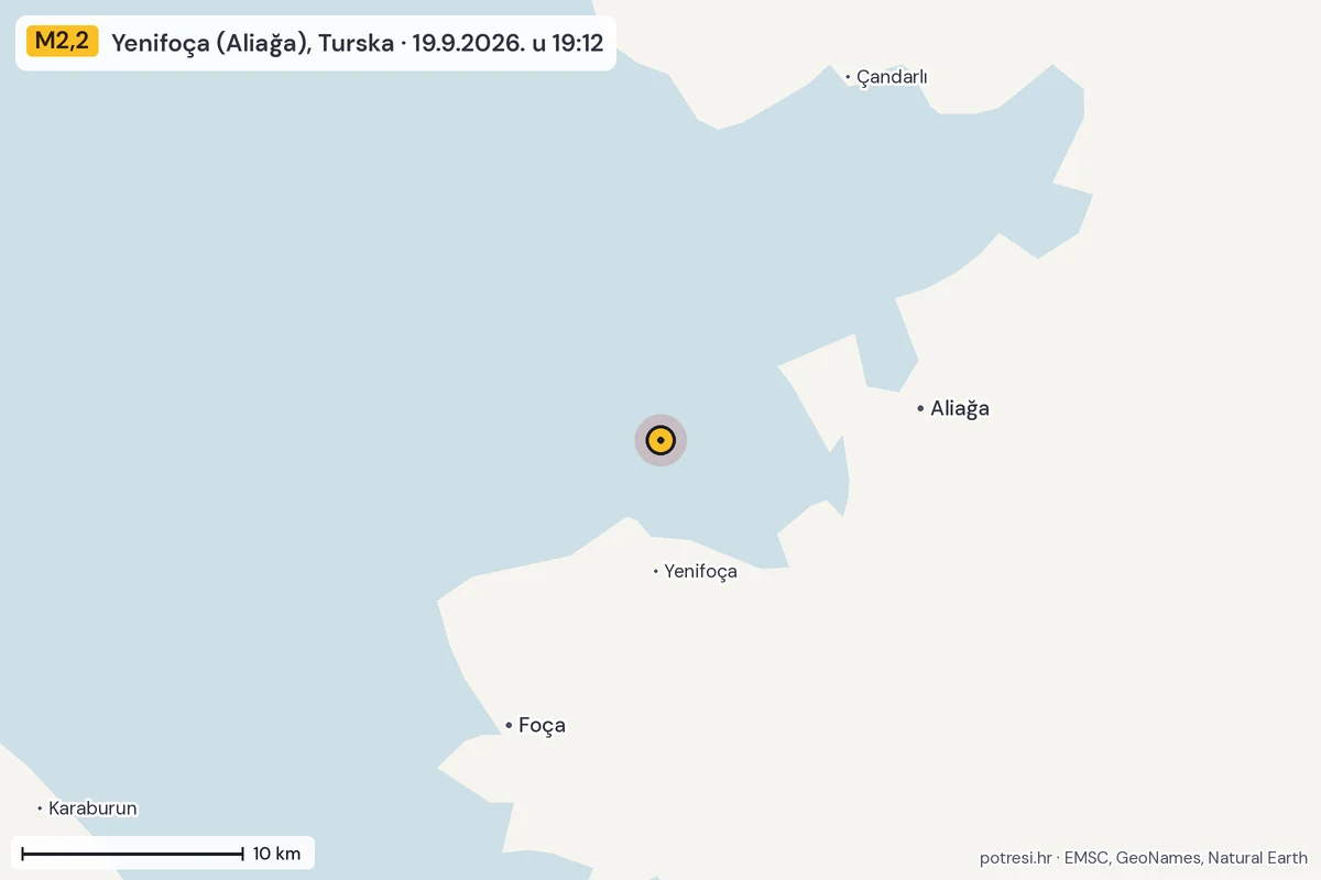 Karta: okolica epicentra, 60 km, potres M2,2, Yenifoça (Aliağa), Turska, 19.9.2026.