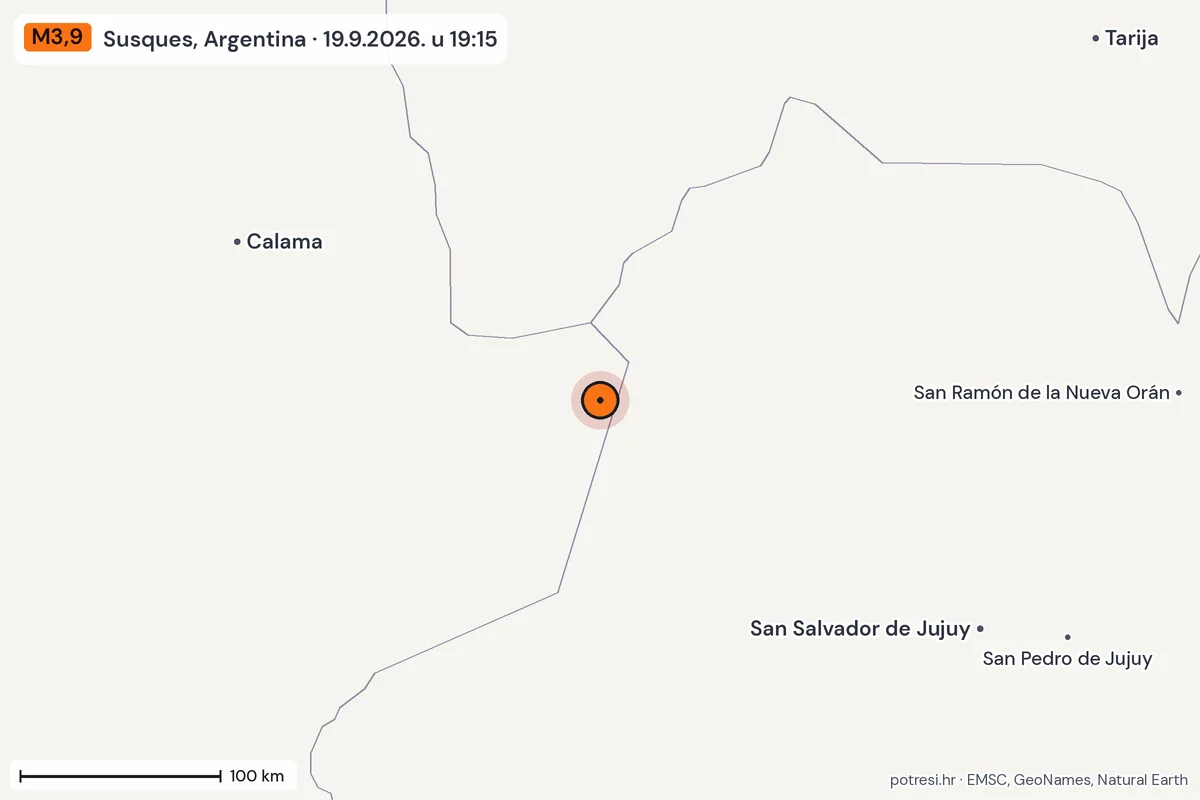 Karta: šire područje, 600 km, potres M3,9, Susques, Argentina, 19.9.2026.