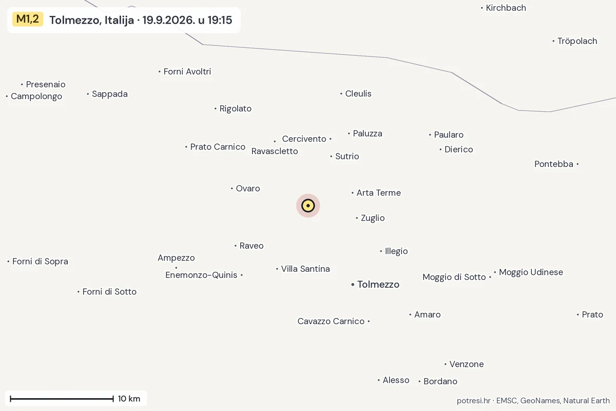 Karta: okolica epicentra, 60 km, potres M1,2, Tolmezzo, Italija, 19.9.2026.