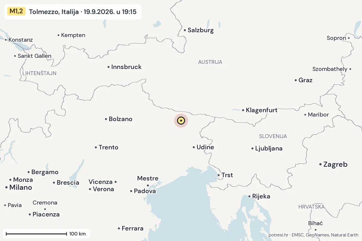 Karta: šire područje, 600 km, potres M1,2, Tolmezzo, Italija, 19.9.2026.