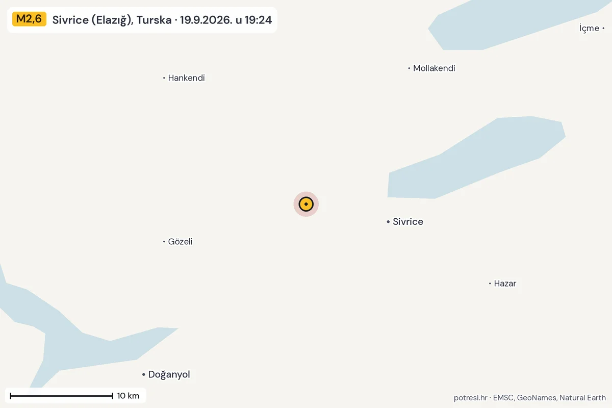 Karta: okolica epicentra, 60 km, potres M2,6, Sivrice (Elazığ), Turska, 19.9.2026.