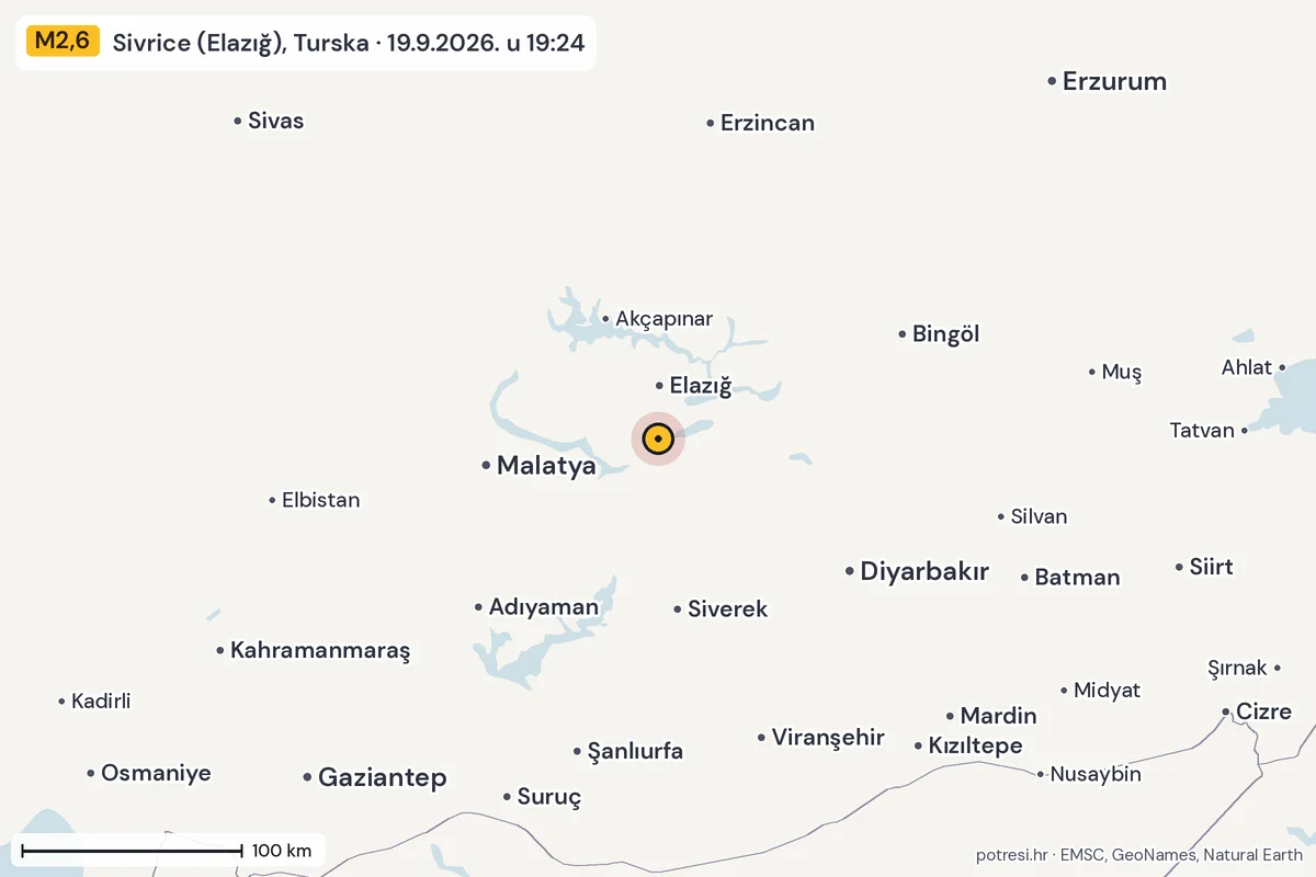Karta: šire područje, 600 km, potres M2,6, Sivrice (Elazığ), Turska, 19.9.2026.