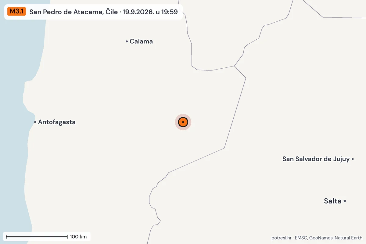 Karta: šire područje, 600 km, potres M3,1, San Pedro de Atacama, Čile, 19.9.2026.