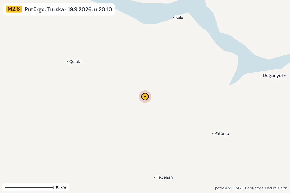 Karta: okolica epicentra, 60 km, potres M2,8, Pütürge, Turska, 19.9.2026.