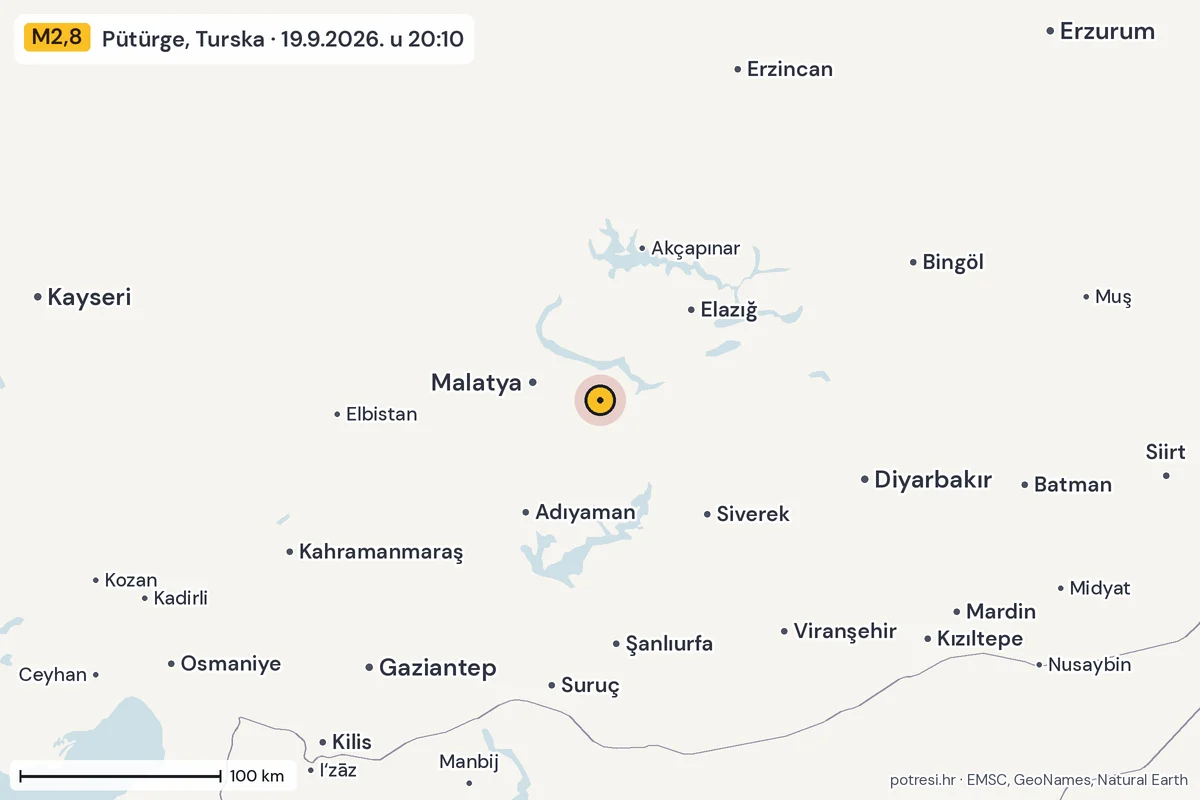 Karta: šire područje, 600 km, potres M2,8, Pütürge, Turska, 19.9.2026.