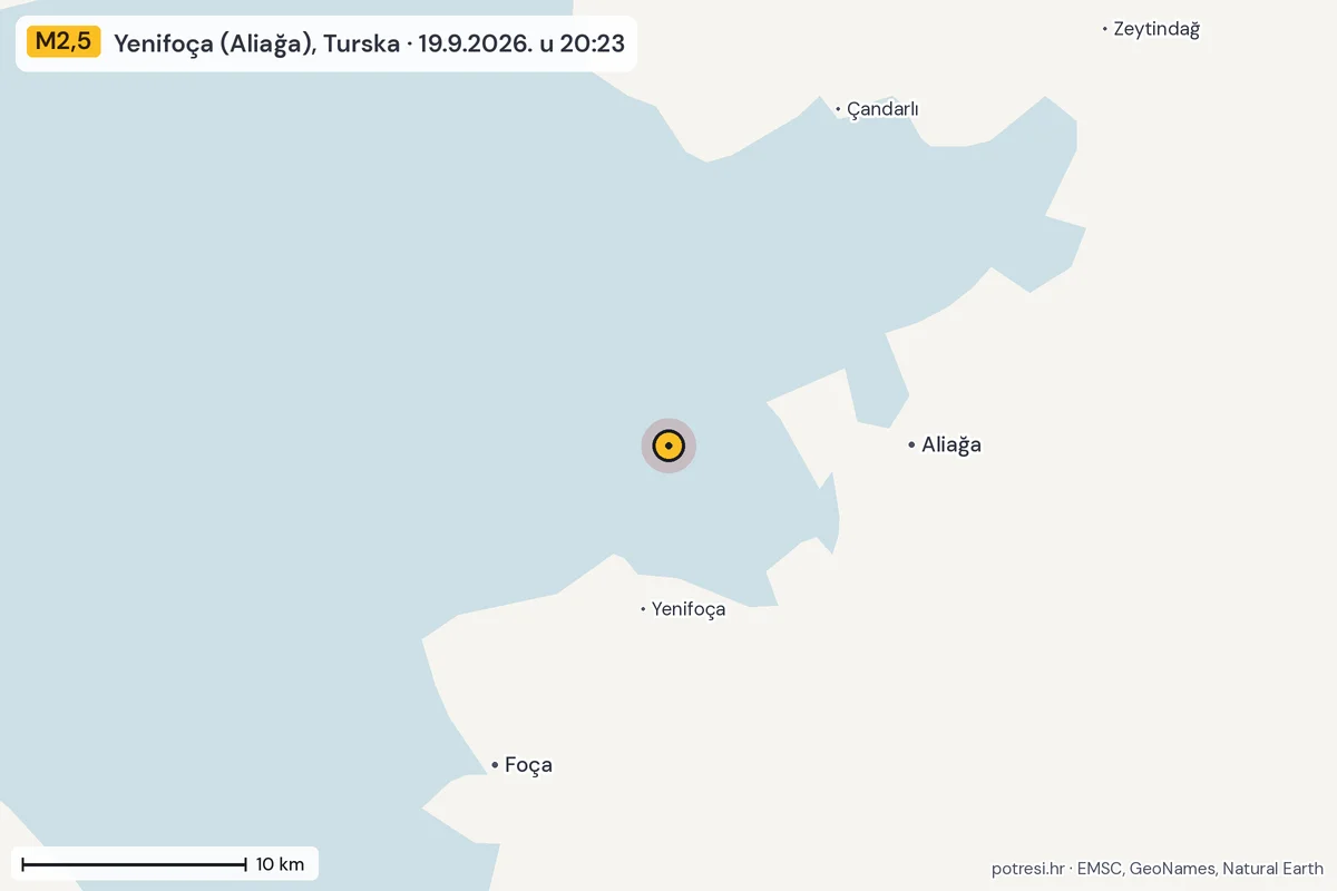Karta: okolica epicentra, 60 km, potres M2,5, Yenifoça (Aliağa), Turska, 19.9.2026.