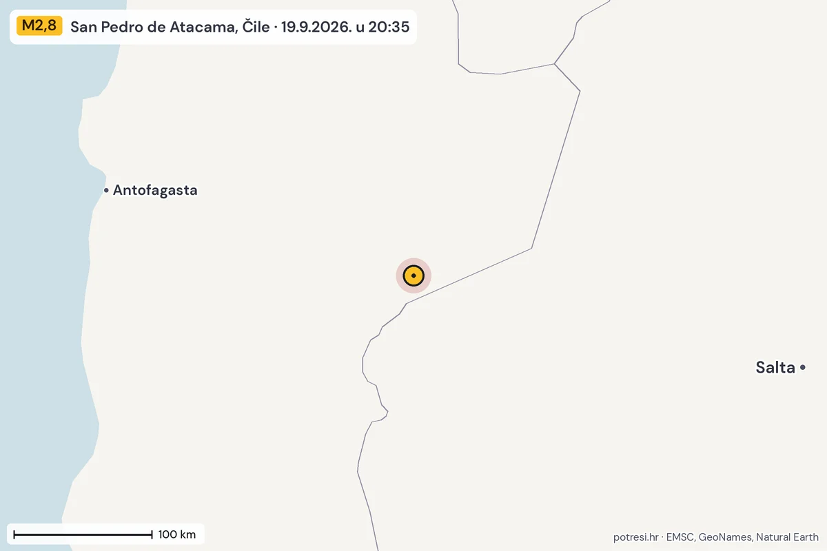 Karta: šire područje, 600 km, potres M2,8, San Pedro de Atacama, Čile, 19.9.2026.