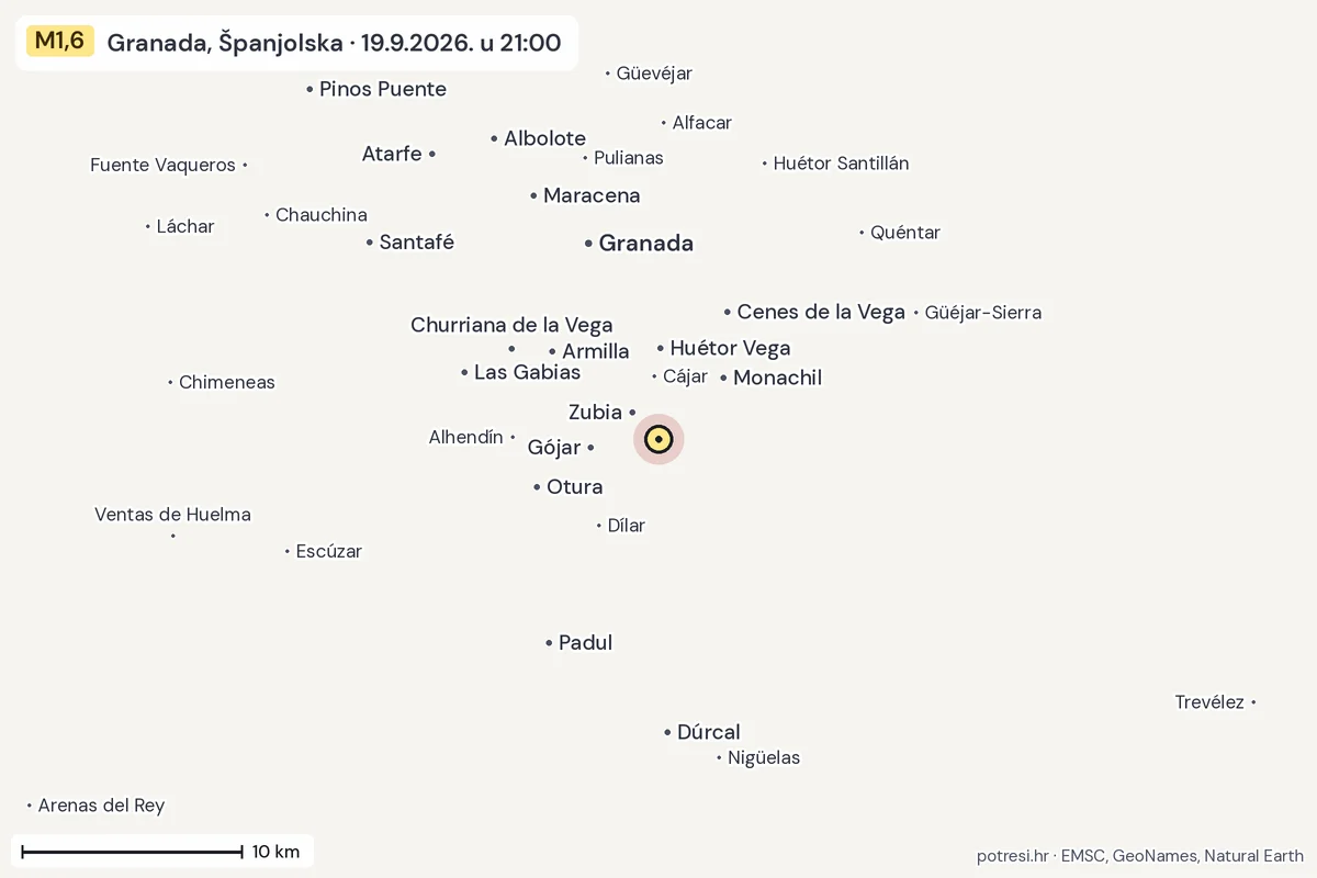 Karta: okolica epicentra, 60 km, potres M1,6, Granada, Španjolska, 19.9.2026.