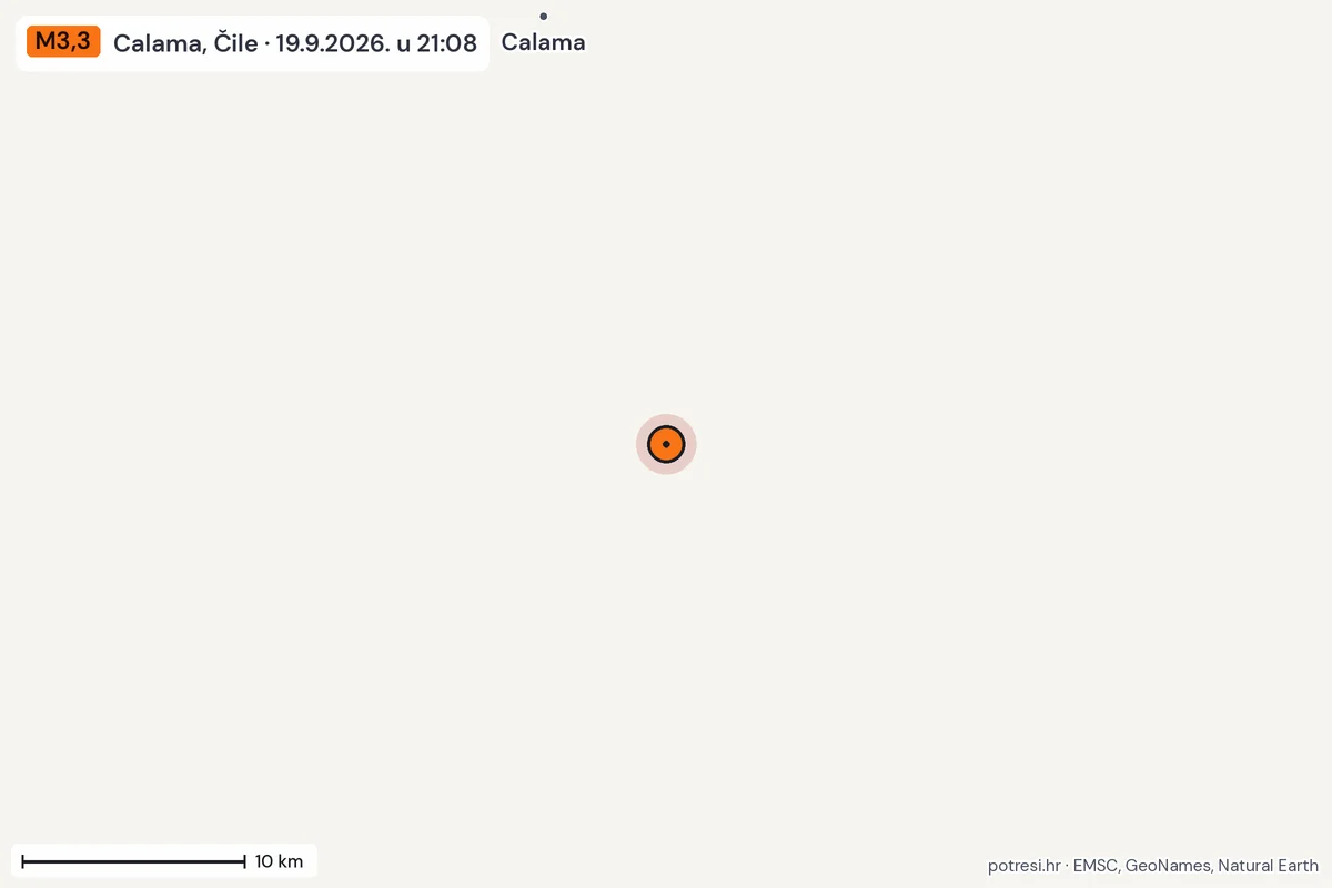 Karta: okolica epicentra, 60 km, potres M3,3, Calama, Čile, 19.9.2026.