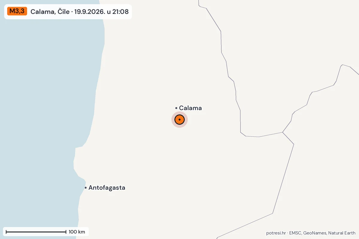 Karta: šire područje, 600 km, potres M3,3, Calama, Čile, 19.9.2026.