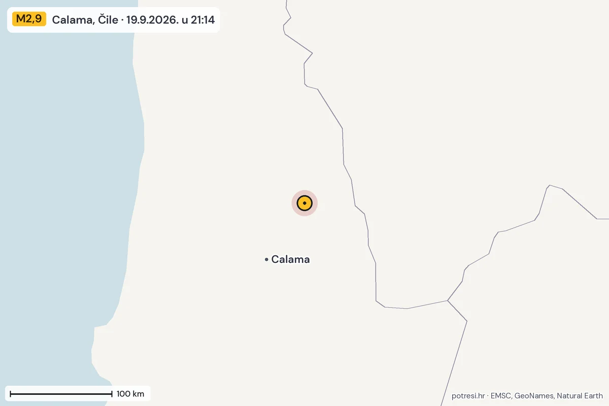 Karta: šire područje, 600 km, potres M2,9, Calama, Čile, 19.9.2026.