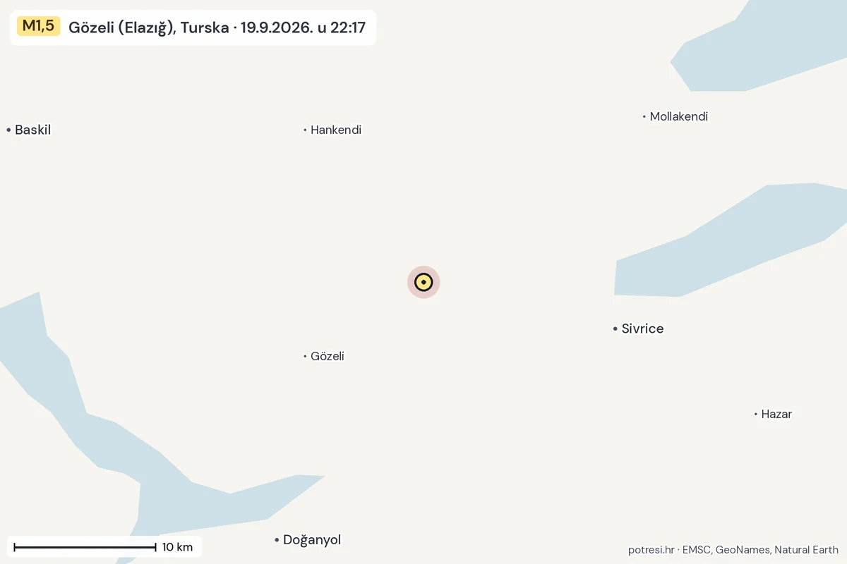 Karta: okolica epicentra, 60 km, potres M1,5, Gözeli (Elazığ), Turska, 19.9.2026.