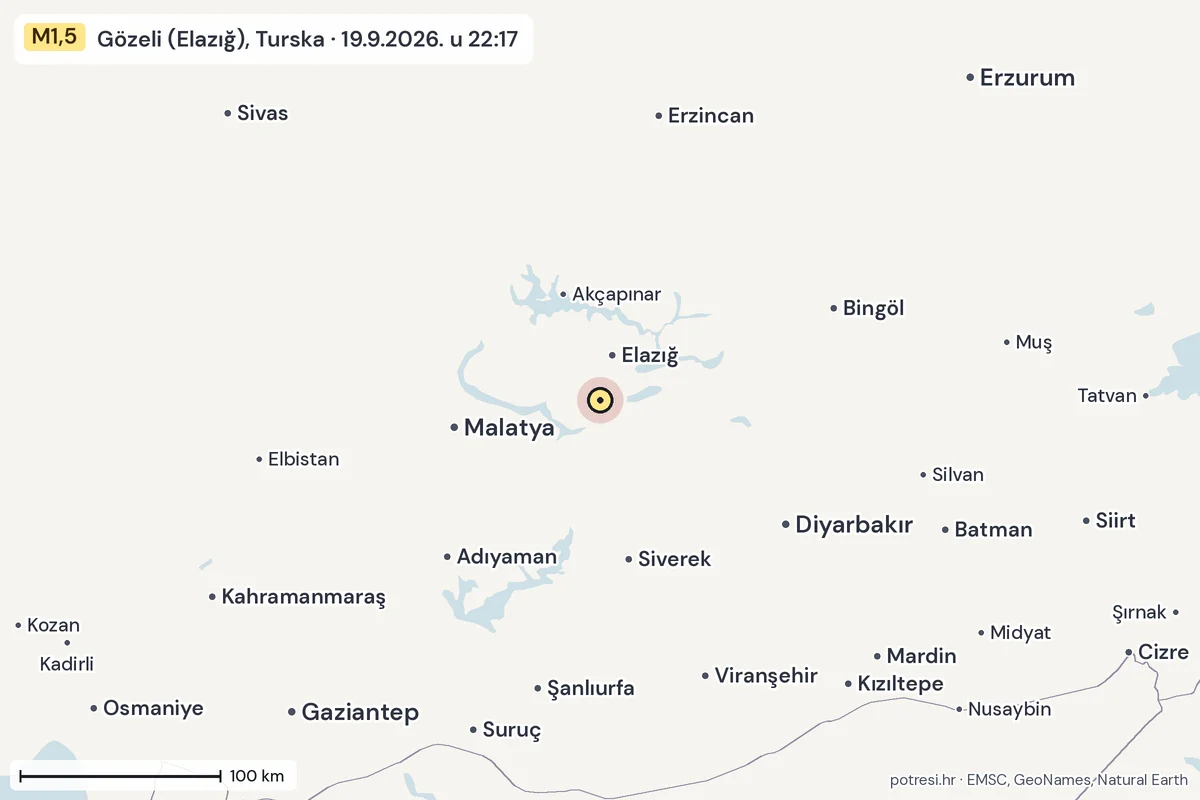 Karta: šire područje, 600 km, potres M1,5, Gözeli (Elazığ), Turska, 19.9.2026.