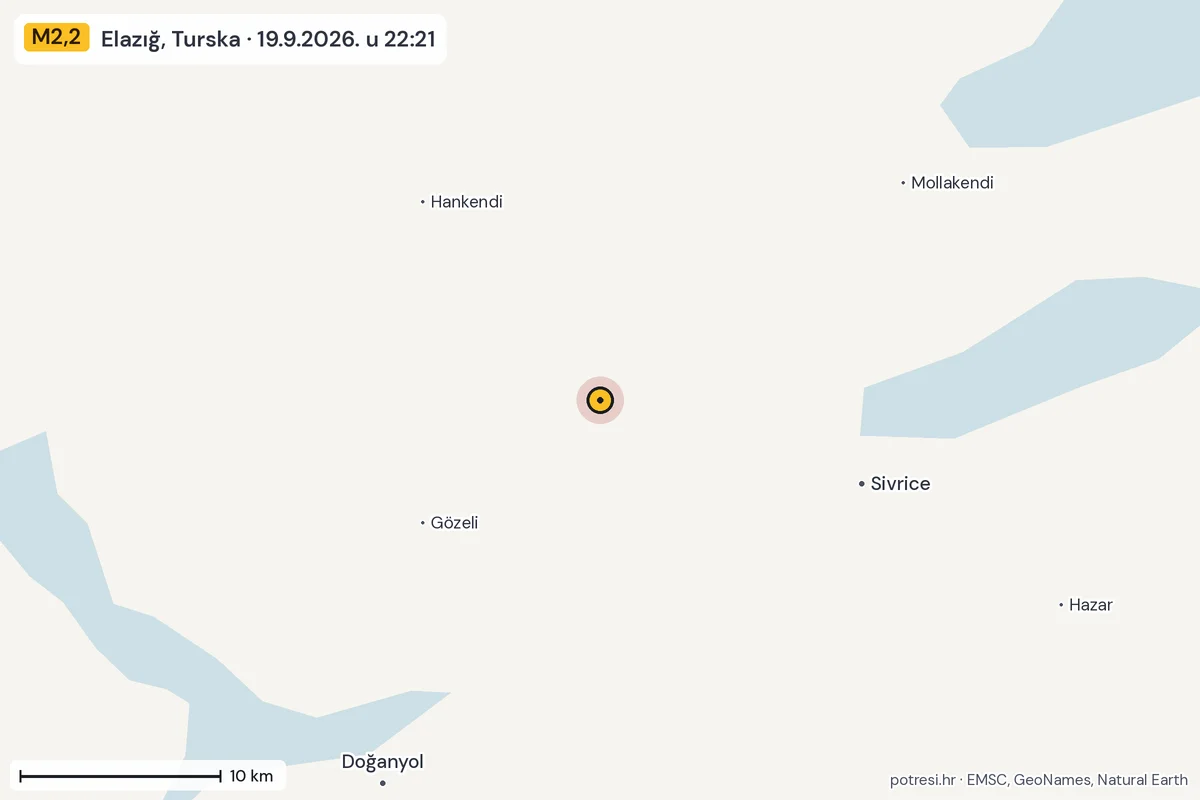 Karta: okolica epicentra, 60 km, potres M2,2, Elazığ, Turska, 19.9.2026.