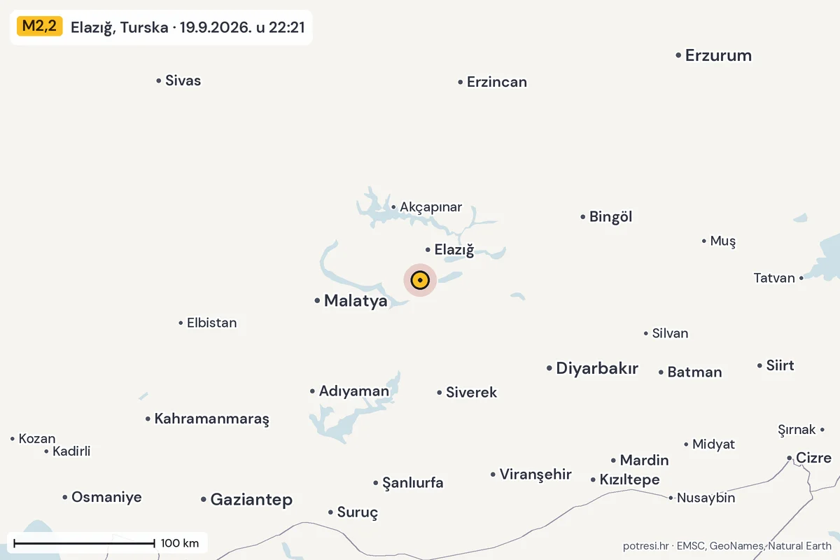 Karta: šire područje, 600 km, potres M2,2, Elazığ, Turska, 19.9.2026.