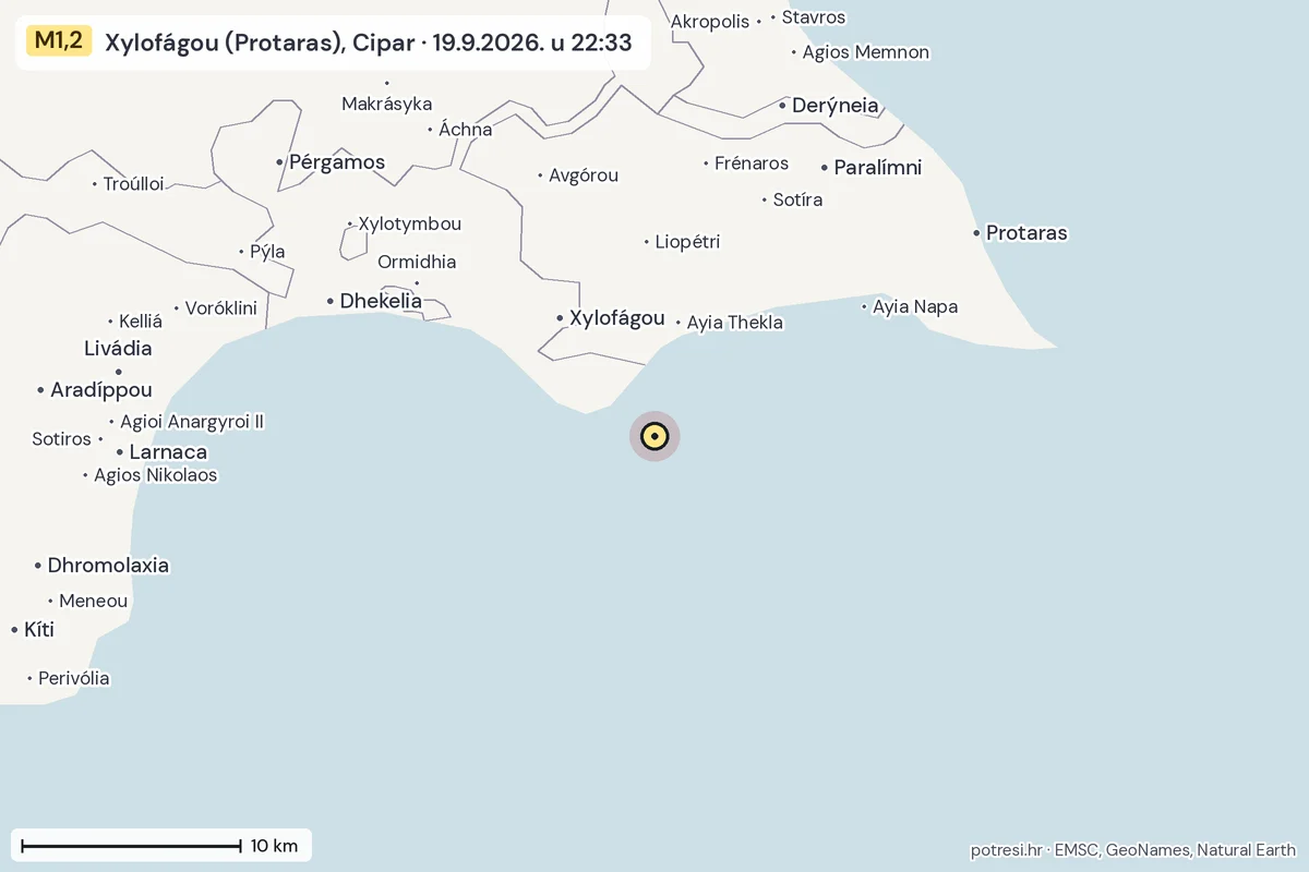 Karta: okolica epicentra, 60 km, potres M1,2, Xylofágou (Protaras), Cipar, 19.9.2026.