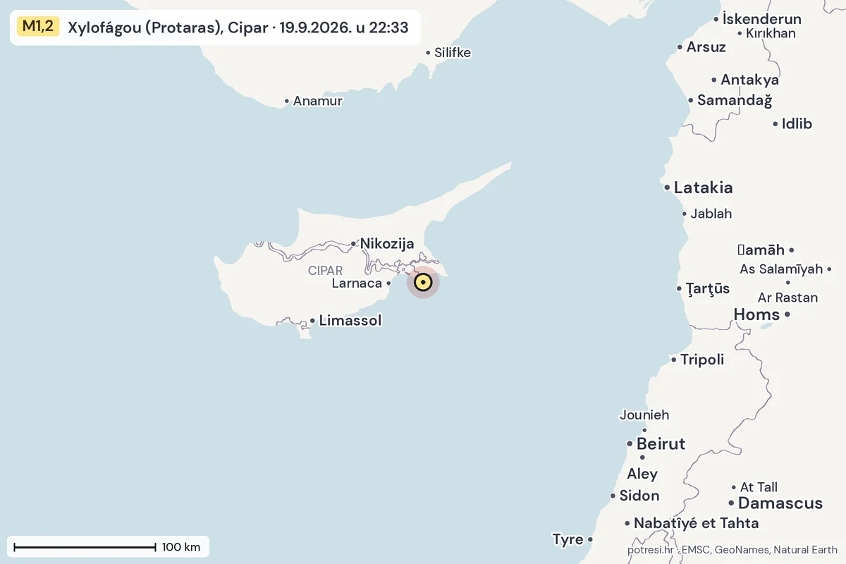 Karta: šire područje, 600 km, potres M1,2, Xylofágou (Protaras), Cipar, 19.9.2026.