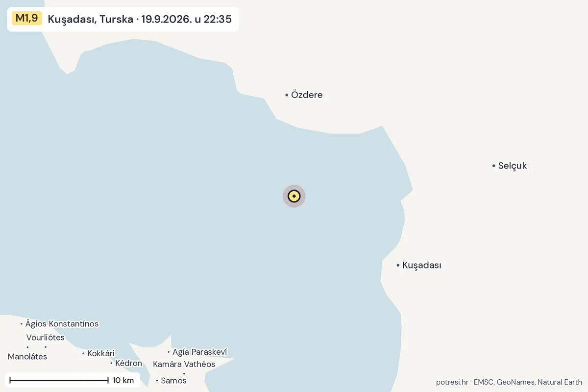 Karta: okolica epicentra, 60 km, potres M1,9, Kuşadası, Turska, 19.9.2026.