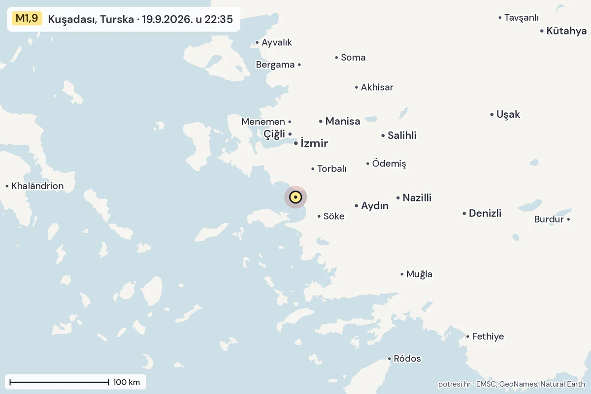 Karta: šire područje, 600 km, potres M1,9, Kuşadası, Turska, 19.9.2026.