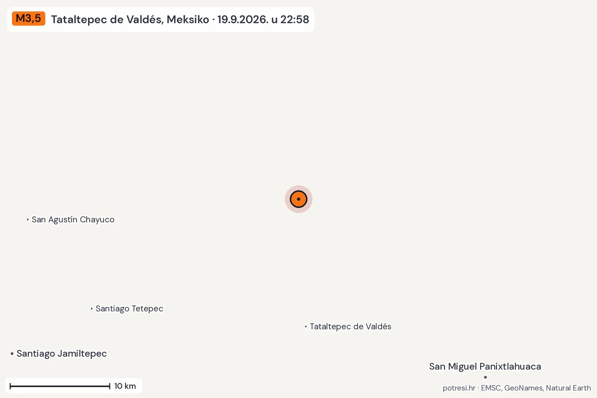 Karta: okolica epicentra, 60 km, potres M3,5, Tataltepec de Valdés, Meksiko, 19.9.2026.