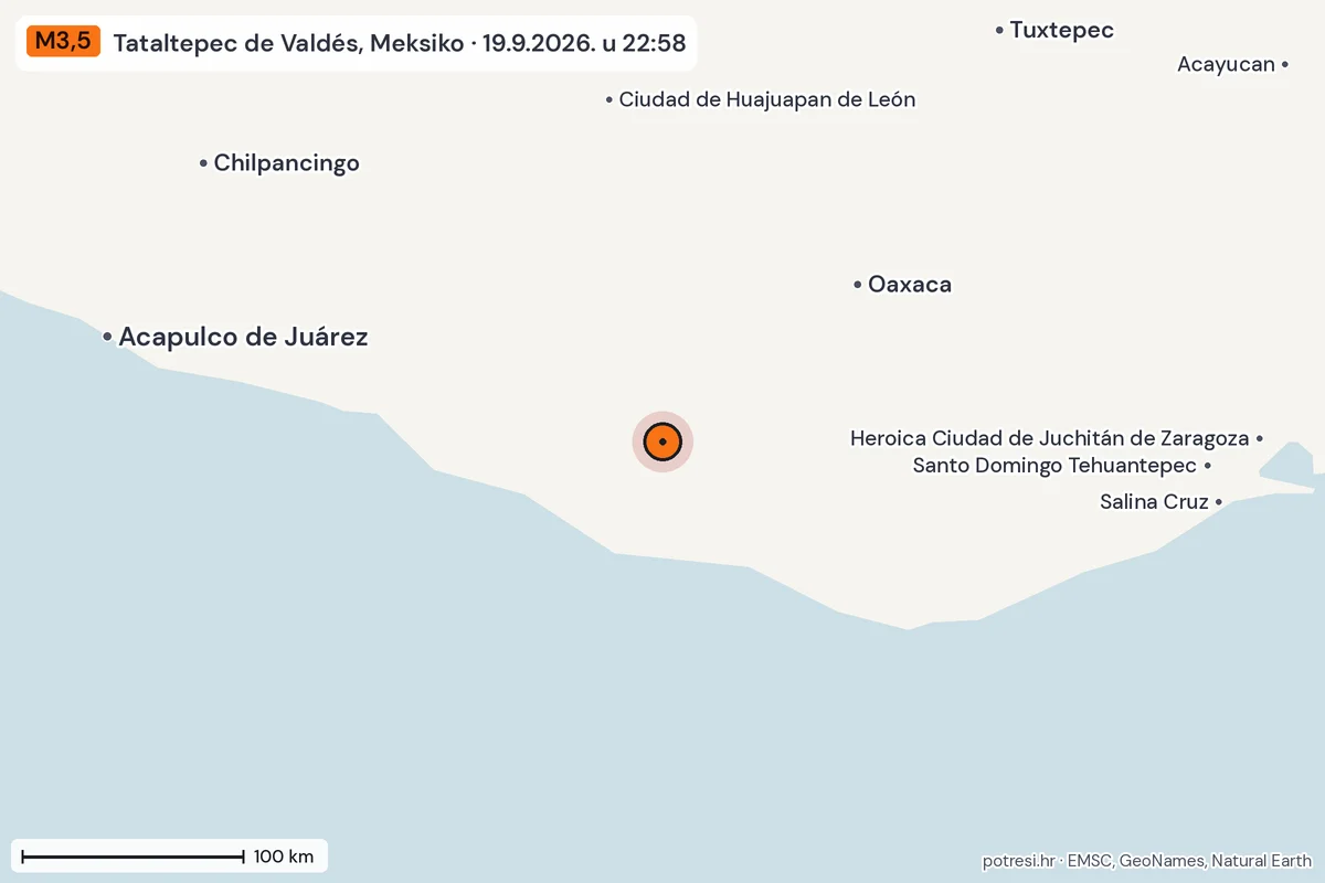 Karta: šire područje, 600 km, potres M3,5, Tataltepec de Valdés, Meksiko, 19.9.2026.