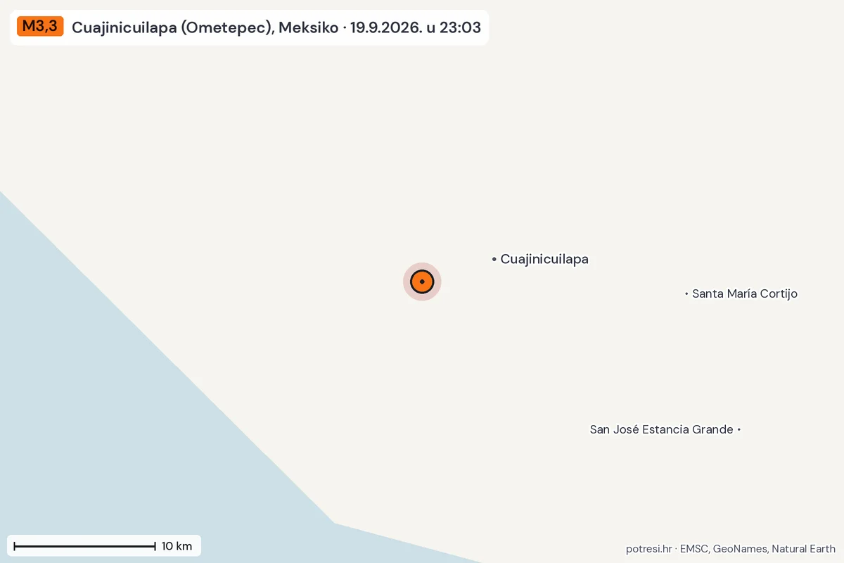 Karta: okolica epicentra, 60 km, potres M3,3, Cuajinicuilapa (Ometepec), Meksiko, 19.9.2026.