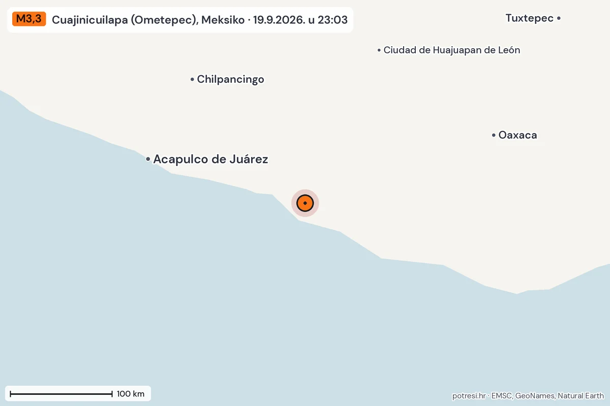 Karta: šire područje, 600 km, potres M3,3, Cuajinicuilapa (Ometepec), Meksiko, 19.9.2026.