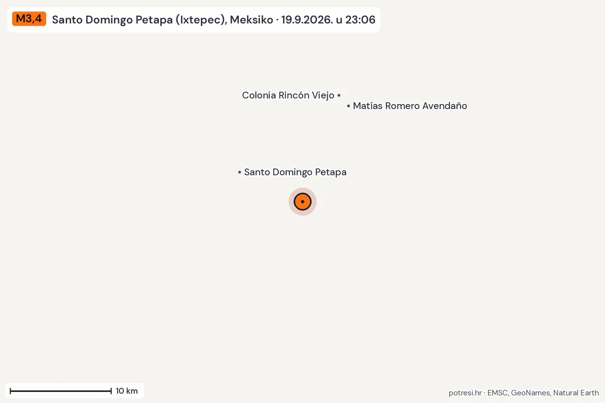 Karta: okolica epicentra, 60 km, potres M3,4, Santo Domingo Petapa (Ixtepec), Meksiko, 19.9.2026.