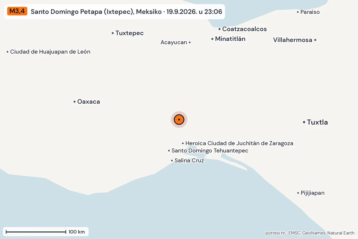 Karta: šire područje, 600 km, potres M3,4, Santo Domingo Petapa (Ixtepec), Meksiko, 19.9.2026.