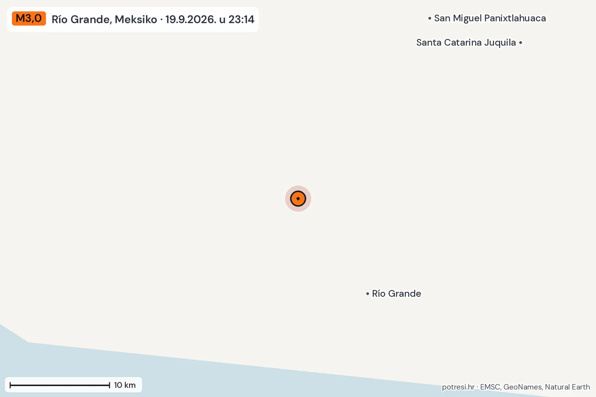 Karta: okolica epicentra, 60 km, potres M3,0, Río Grande, Meksiko, 19.9.2026.