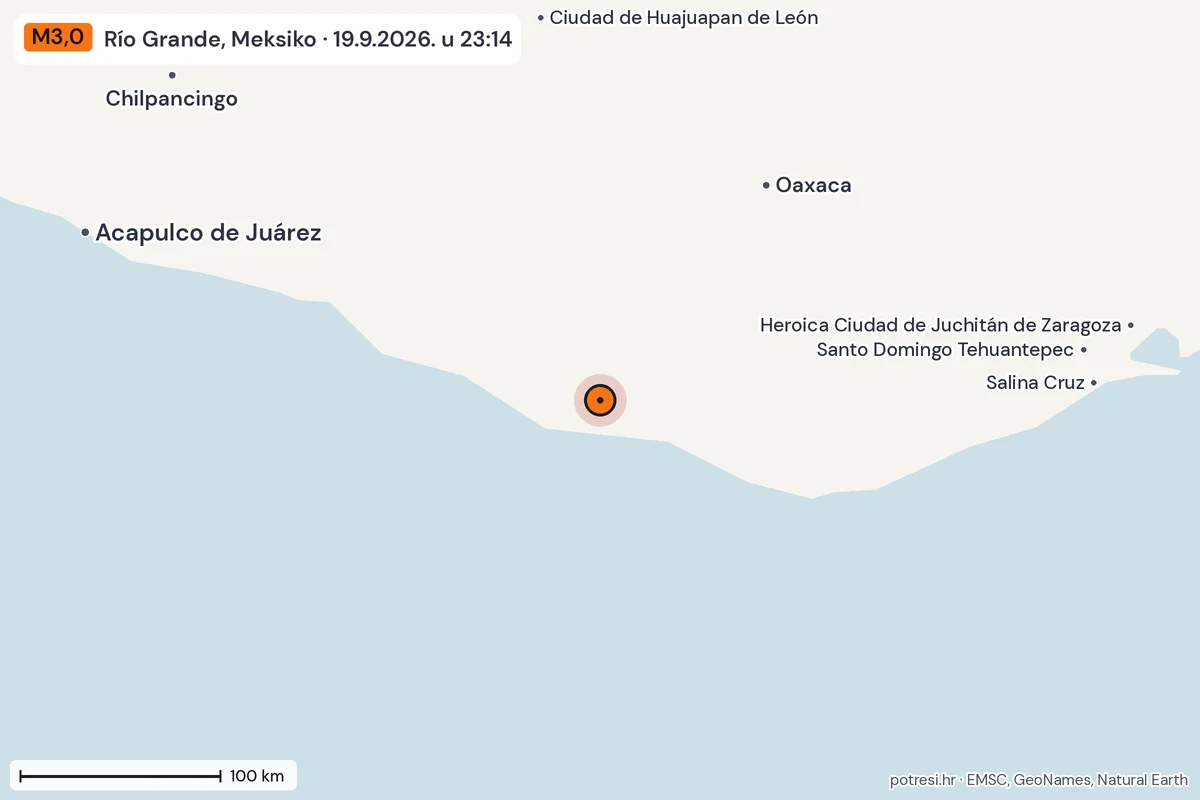Karta: šire područje, 600 km, potres M3,0, Río Grande, Meksiko, 19.9.2026.