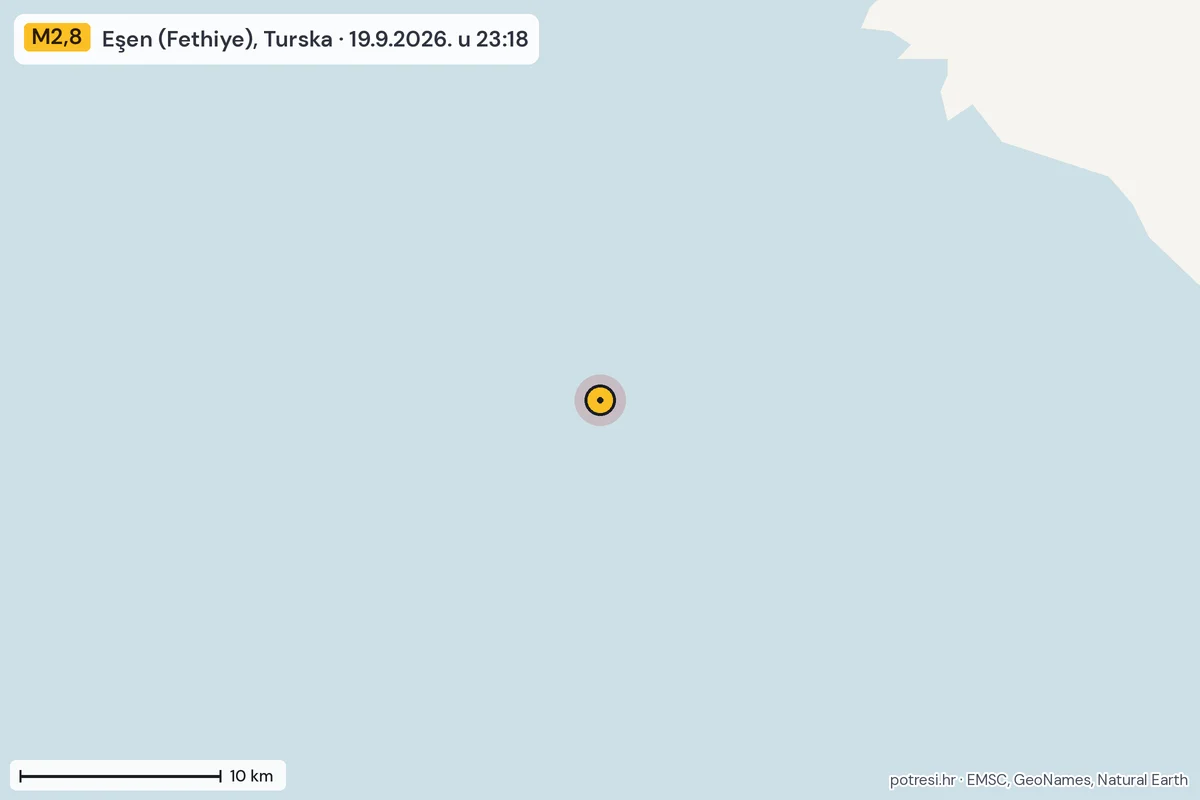 Karta: okolica epicentra, 60 km, potres M2,8, Eşen (Fethiye), Turska, 19.9.2026.