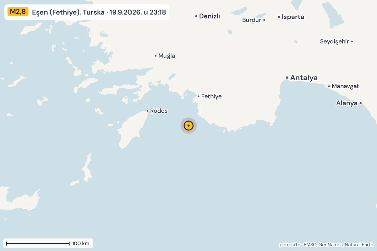 Karta: šire područje, 600 km, potres M2,8, Eşen (Fethiye), Turska, 19.9.2026.